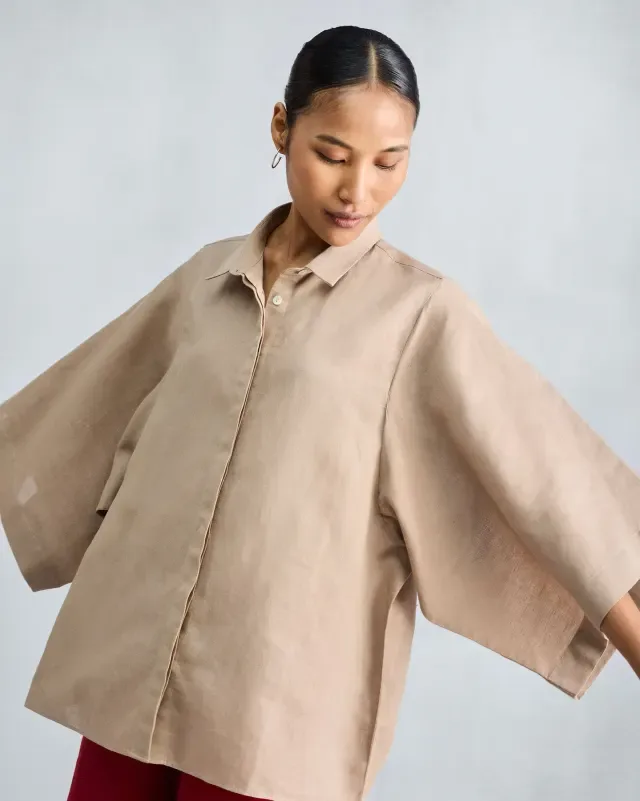 Drop-Armhole Linen Shirt in Beige
